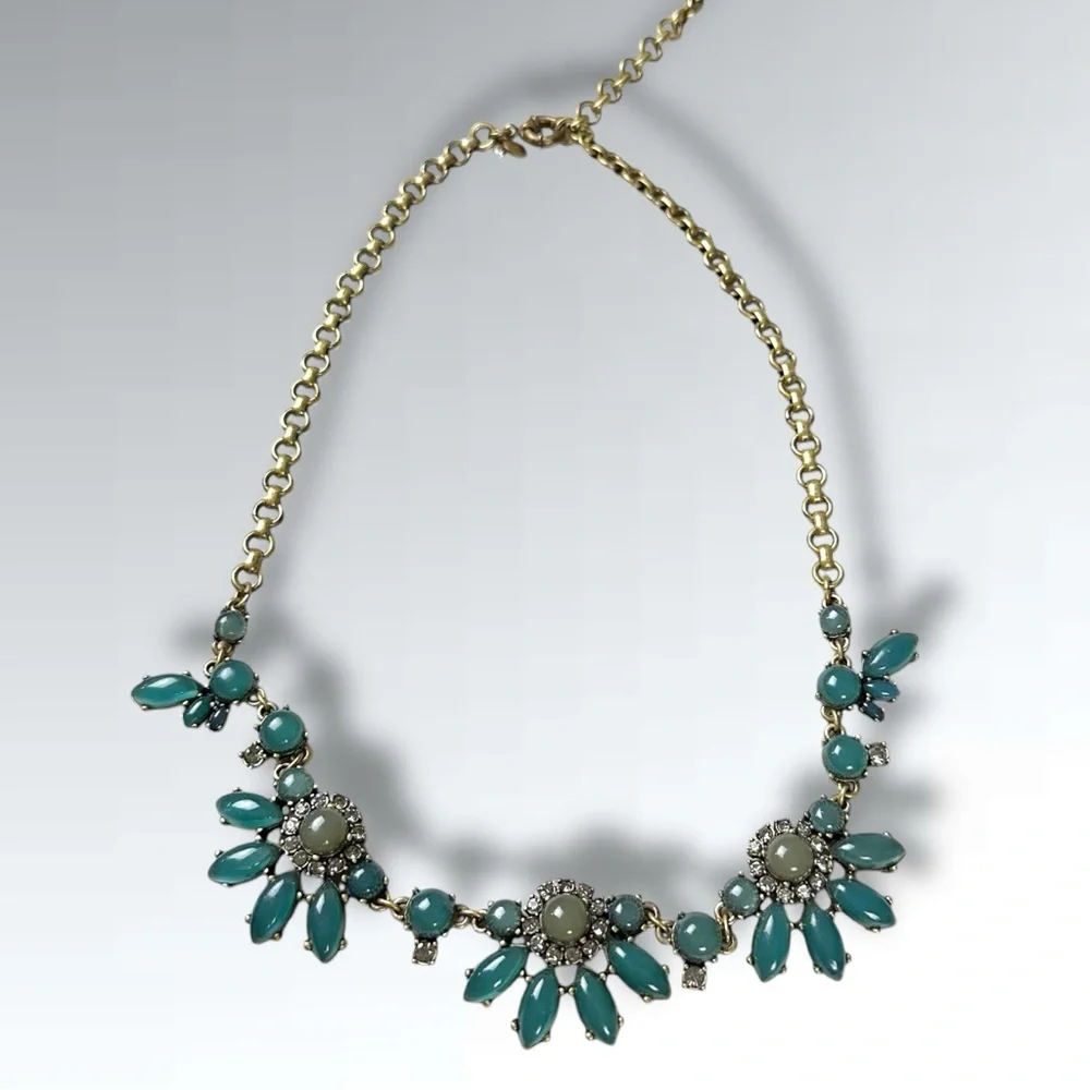 Vintage J.Crew Statement Necklace Gray Blue Gold Rhinestone Signed Retro 50s 60s